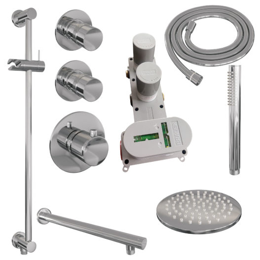 BRAUER Chrome Edition thermostatische inbouw regendouche SET 13 met 20 cm douchekop en rechte muurarm en staaf handdouche en doucheslang en geïntegreerde glijstang chroom