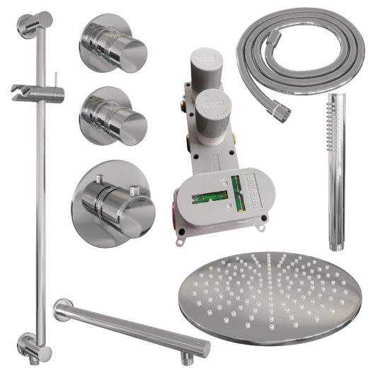 BRAUER Chrome Edition thermostatische inbouw regendouche SET 14 met 30 cm douchekop en rechte muurarm en staaf handdouche en doucheslang en geïntegreerde glijstang chroom