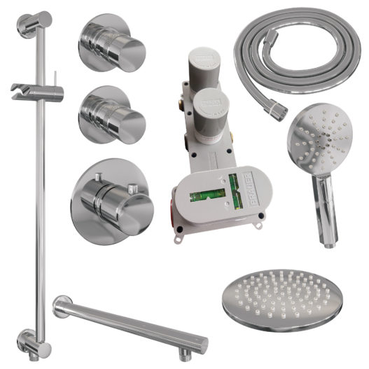 BRAUER Chrome Edition thermostatische inbouw regendouche SET 19 met 20 cm douchekop en rechte muurarm en 3-standen handdouche en doucheslang en geïntegreerde glijstang chroom