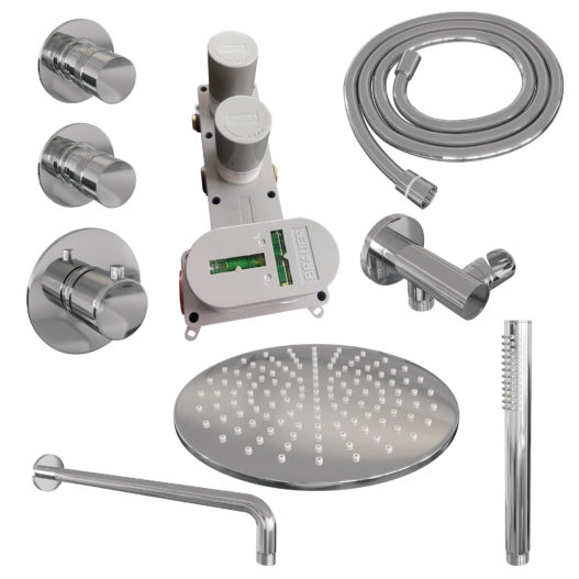 BRAUER Chrome Edition thermostatische inbouw regendouche SET 04 met 30 cm douchekop en gebogen muurarm en staaf handdouche en doucheslang en wandaansluitbocht chroom