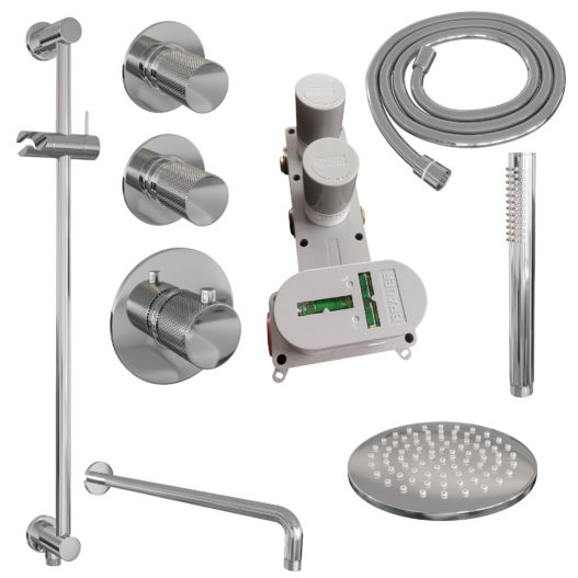 BRAUER Chrome Carving thermostatische inbouw regendouche SET 15 met 20 cm douchekop en gebogen muurarm en staaf handdouche en doucheslang en geïntegreerde glijstang chroom