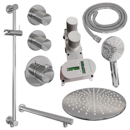 BRAUER Chrome Carving thermostatische inbouw regendouche SET 20 met 30 cm douchekop en rechte muurarm en 3-standen handdouche en doucheslang en geïntegreerde glijstang chroom