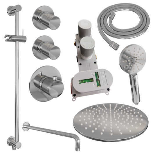 BRAUER Chrome Carving thermostatische inbouw regendouche SET 22 met 30 cm douchekop en gebogen muurarm en 3-standen handdouche en doucheslang en geïntegreerde glijstang chroom