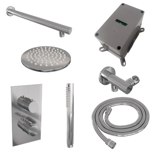 BRAUER Chrome Carving thermostatische inbouw regendouche 3-weg omstelling SET 25 met 20 cm douchekop en rechte muurarm en staaf handdouche en doucheslang en wandaansluitbocht chroom