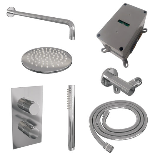 BRAUER Chrome Carving thermostatische inbouw regendouche 3-weg omstelling SET 27 met 20 cm douchekop en gebogen muurarm en staaf handdouche en doucheslang en wandaansluitbocht chroom