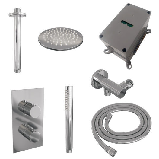 BRAUER Chrome Carving thermostatische inbouw regendouche 3-weg omstelling SET 29 met 20 cm douchekop en plafondarm en staaf handdouche en doucheslang en wandaansluitbocht chroom