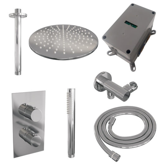 BRAUER Chrome Carving thermostatische inbouw regendouche 3-weg omstelling SET 30 met 30 cm douchekop en plafondarm en staaf handdouche en doucheslang en wandaansluitbocht chroom