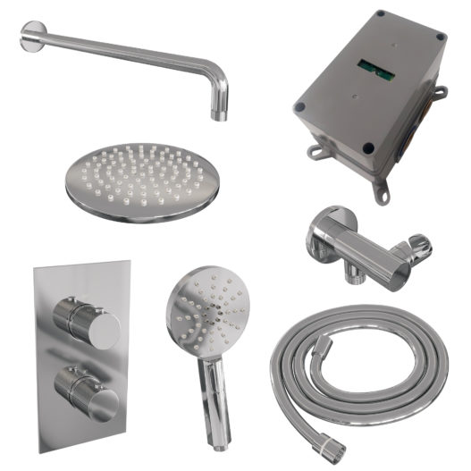 BRAUER Chrome Carving thermostatische inbouw regendouche 3-weg omstelling SET 33 met 20 cm douchekop en gebogen muurarm en 3-standen handdouche en doucheslang en wandaansluitbocht chroom