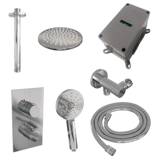 BRAUER Chrome Carving thermostatische inbouw regendouche 3-weg omstelling SET 35 met 20 cm douchekop en plafondarm en 3-standen handdouche en doucheslang en wandaansluitbocht chroom