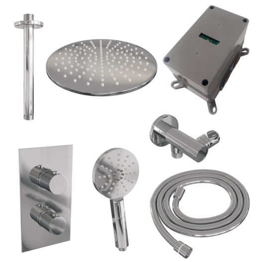 BRAUER Chrome Carving thermostatische inbouw regendouche 3-weg omstelling SET 36 met 30 cm douchekop en plafondarm en 3-standen handdouche en doucheslang en wandaansluitbocht chroom