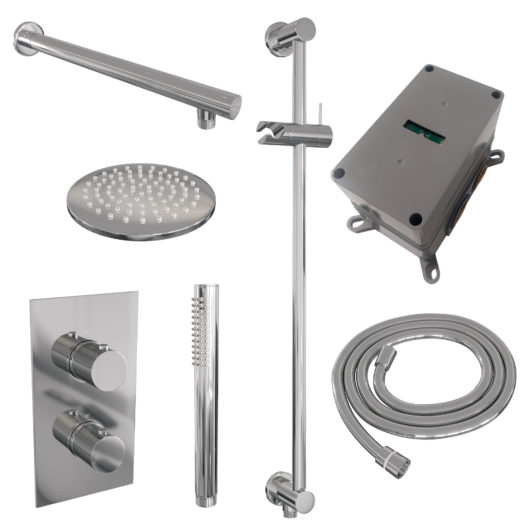 BRAUER Chrome Carving thermostatische inbouw regendouche 3-weg omstelling SET 37 met 20 cm douchekop en rechte muurarm en staaf handdouche en doucheslang en geïntegreerde glijstang chroom