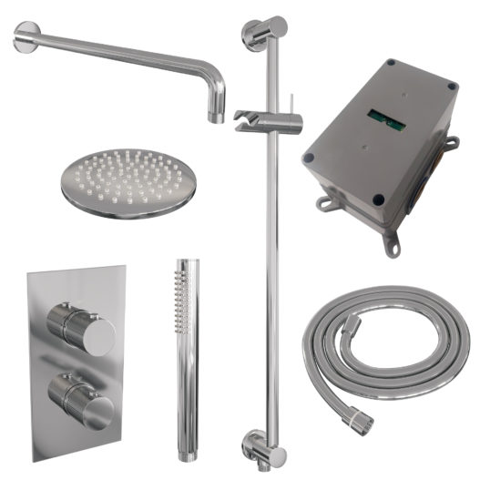 BRAUER Chrome Carving thermostatische inbouw regendouche 3-weg omstelling SET 39 met 20 cm douchekop en gebogen muurarm en staaf handdouche en doucheslang en geïntegreerde glijstang chroom