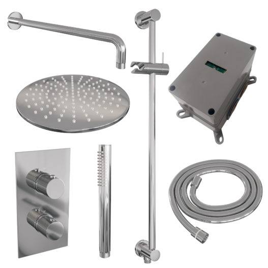 BRAUER Chrome Carving thermostatische inbouw regendouche 3-weg omstelling SET 40 met 30 cm douchekop en gebogen muurarm en staaf handdouche en doucheslang en geïntegreerde glijstang chroom