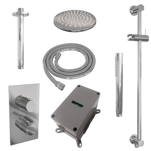 BRAUER Chrome Carving thermostatische inbouw regendouche 3-weg omstelling SET 41 met 20 cm douchekop en plafondarm en staaf handdouche en doucheslang en geïntegreerde glijstang chroom