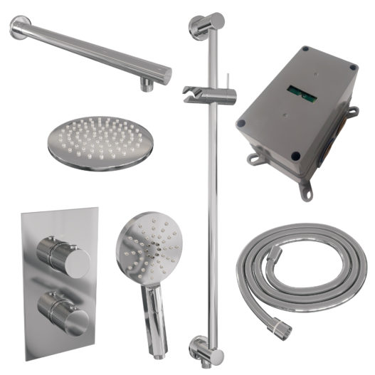 BRAUER Chrome Carving thermostatische inbouw regendouche 3-weg omstelling SET 43 met 20 cm douchekop en rechte muurarm en 3-standen handdouche en doucheslang en geïntegreerde glijstang chroom