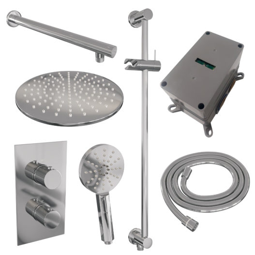 BRAUER Chrome Carving thermostatische inbouw regendouche 3-weg omstelling SET 44 met 30 cm douchekop en rechte muurarm en 3-standen handdouche en doucheslang en geïntegreerde glijstang chroom