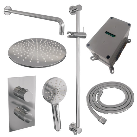 BRAUER Chrome Carving thermostatische inbouw regendouche 3-weg omstelling SET 46 met 30 cm douchekop en gebogen muurarm en 3-standen handdouche en doucheslang en geïntegreerde glijstang chroom