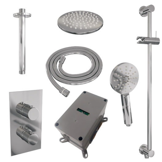 BRAUER Chrome Carving thermostatische inbouw regendouche 3-weg omstelling SET 47 met 20 cm douchekop en plafondarm en 3-standen handdouche en doucheslang en geïntegreerde glijstang chroom