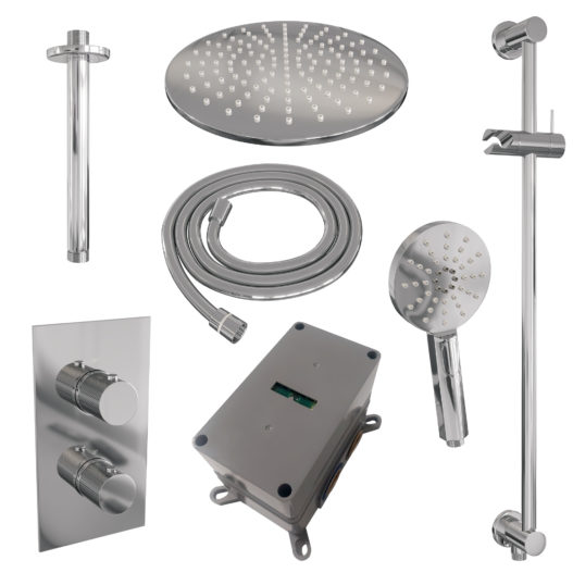 BRAUER Chrome Carving thermostatische inbouw regendouche 3-weg omstelling SET 48 met 30 cm douchekop en plafondarm en 3-standen handdouche en doucheslang en geïntegreerde glijstang chroom