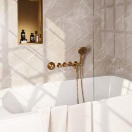 BRAUER Gold Edition thermostatische inbouw badkraan SET 02 met uitloop en 3-standen handdouche en doucheslang en wandaansluitbocht goud geborsteld PVD