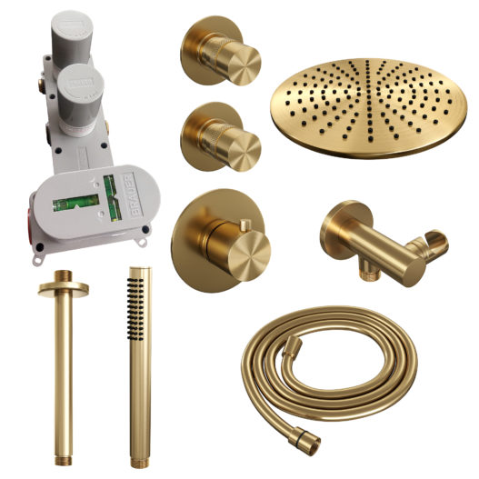 BRAUER Gold Edition thermostatische inbouw regendouche SET 06 met 30 cm douchekop en plafondarm en staaf handdouche en doucheslang en wandaansluitbocht goud geborsteld PVD