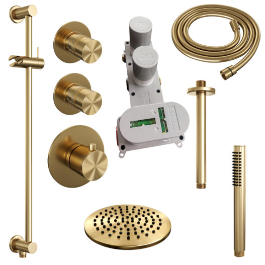 BRAUER Gold Edition thermostatische inbouw regendouche SET 17 met 20 cm douchekop en plafondarm en staaf handdouche en doucheslang en geïntegreerde glijstang goud geborsteld PVD