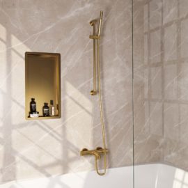 BRAUER Gold Edition opbouw baddouche thermostaatkraan SET 01 met glijstang en staaf handdouche en doucheslang goud geborsteld PVD
