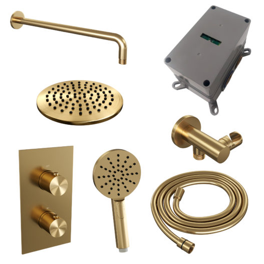 BRAUER Gold Edition thermostatische inbouw regendouche 3-weg omstelling SET 33 met 20 cm douchekop en gebogen muurarm en 3-standen handdouche en doucheslang en wandaansluitbocht goud geborsteld PVD