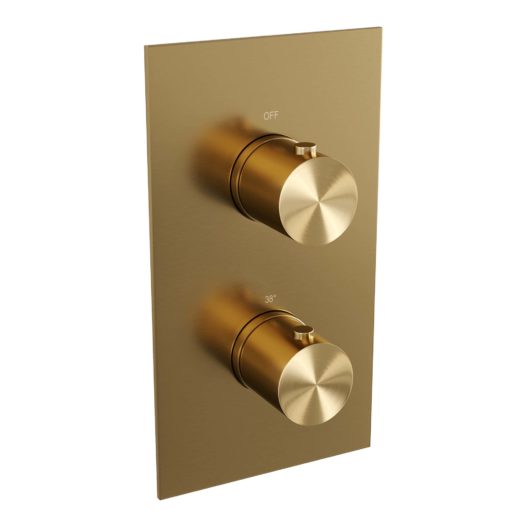 BRAUER Gold Edition thermostatische inbouw regendouche 3-weg omstelling SET 33 met 20 cm douchekop en gebogen muurarm en 3-standen handdouche en doucheslang en wandaansluitbocht goud geborsteld PVD