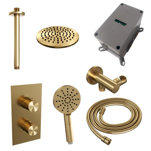 BRAUER Gold Edition thermostatische inbouw regendouche 3-weg omstelling SET 35 met 20 cm douchekop en plafondarm en 3-standen handdouche en doucheslang en wandaansluitbocht goud geborsteld PVD