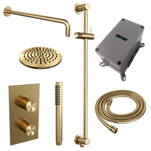 BRAUER Gold Edition thermostatische inbouw regendouche 3-weg omstelling SET 39 met 20 cm douchekop en gebogen muurarm en staaf handdouche en doucheslang en geïntegreerde glijstang goud geborsteld PVD