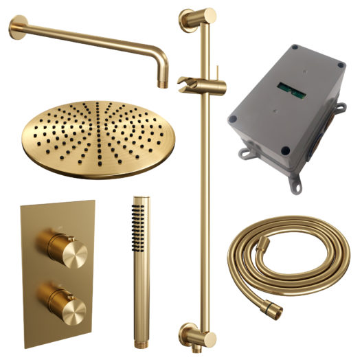 BRAUER Gold Edition thermostatische inbouw regendouche 3-weg omstelling SET 40 met 30 cm douchekop en gebogen muurarm en staaf handdouche en doucheslang en geïntegreerde glijstang goud geborsteld PVD