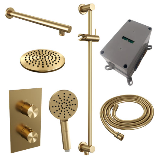 BRAUER Gold Edition thermostatische inbouw regendouche 3-weg omstelling SET 43 met 20 cm douchekop en rechte muurarm en 3-standen handdouche en doucheslang en geïntegreerde glijstang goud geborsteld PVD