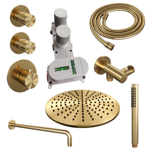 BRAUER Gold Edition thermostatische inbouw regendouche SET 04 met 30 cm douchekop en gebogen muurarm en staaf handdouche en doucheslang en wandaansluitbocht goud geborsteld PVD