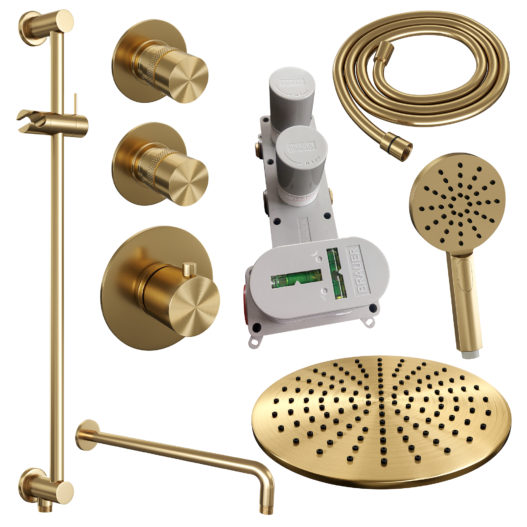 BRAUER Gold Edition thermostatische inbouw regendouche SET 22 met 30 cm douchekop en gebogen muurarm en 3-standen handdouche en doucheslang en geïntegreerde glijstang goud geborsteld PVD