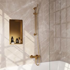 BRAUER Gold Carving opbouw baddouche thermostaatkraan SET 01 met glijstang en staaf handdouche en doucheslang goud geborsteld PVD