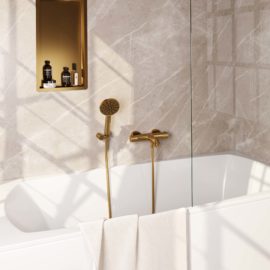 BRAUER Gold Carving opbouw baddouche thermostaatkraan SET 04 met wandhouder en 3-standen handdouche en doucheslang goud geborsteld PVD