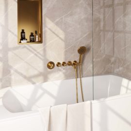 BRAUER Gold Carving thermostatische inbouw badkraan SET 02 met uitloop en 3-standen handdouche en doucheslang en wandaansluitbocht goud geborsteld PVD