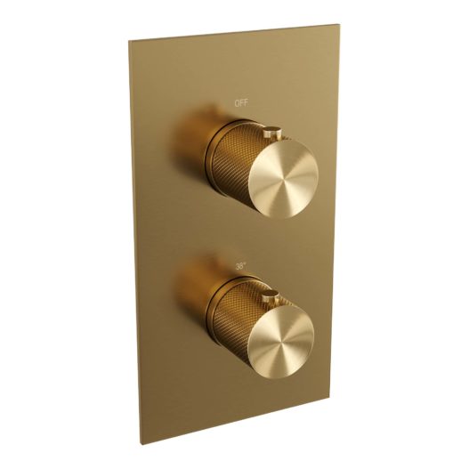 BRAUER Gold Carving thermostatische inbouw regendouche 3-weg omstelling SET 28 met 30 cm douchekop en gebogen muurarm en staaf handdouche en doucheslang en wandaansluitbocht goud geborsteld PVD