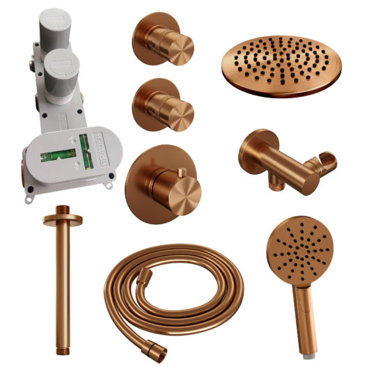 BRAUER Copper Edition thermostatische inbouw regendouche SET 11 met 20 cm douchekop en plafondarm en 3-standen handdouche en doucheslang en wandaansluitbocht koper geborsteld PVD