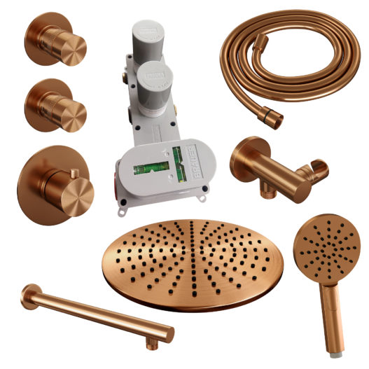 BRAUER Copper Edition thermostatische inbouw regendouche SET 08 met 30 cm douchekop en rechte muurarm en 3-standen handdouche en doucheslang en wandaansluitbocht koper geborsteld PVD