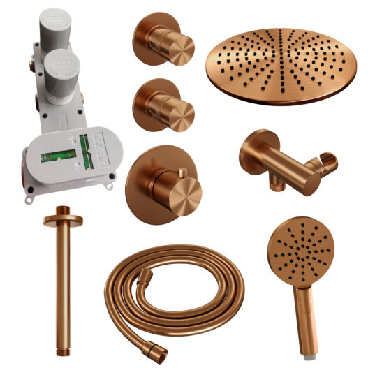 BRAUER Copper Edition thermostatische inbouw regendouche SET 12 met 30 cm douchekop en plafondarm en 3-standen handdouche en doucheslang en wandaansluitbocht koper geborsteld PVD