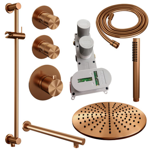 BRAUER Copper Edition thermostatische inbouw regendouche SET 14 met 30 cm douchekop en rechte muurarm en staaf handdouche en doucheslang en geïntegreerde glijstang koper geborsteld PVD