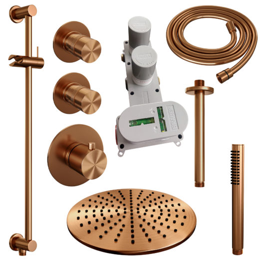 BRAUER Copper Edition thermostatische inbouw regendouche SET 18 met 30 cm douchekop en plafondarm en staaf handdouche en doucheslang en geïntegreerde glijstang koper geborsteld PVD