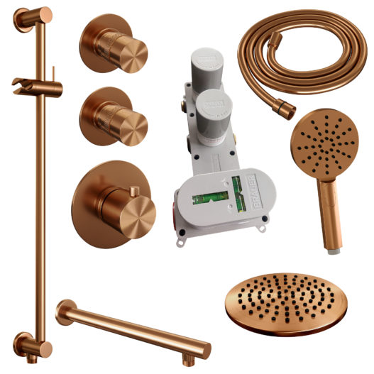 BRAUER Copper Edition thermostatische inbouw regendouche SET 19 met 20 cm douchekop en rechte muurarm en 3-standen handdouche en doucheslang en geïntegreerde glijstang koper geborsteld PVD