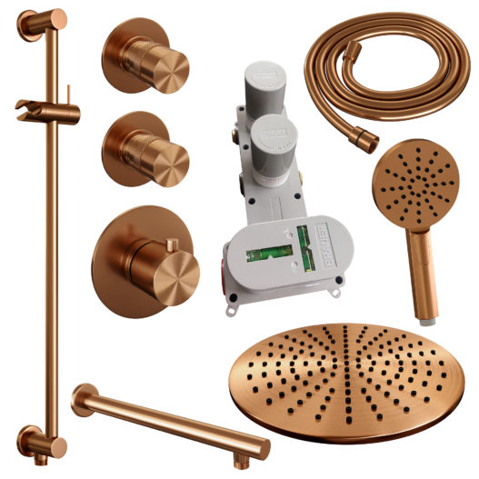 BRAUER Copper Edition thermostatische inbouw regendouche SET 20 met 30 cm douchekop en rechte muurarm en 3-standen handdouche en doucheslang en geïntegreerde glijstang koper geborsteld PVD