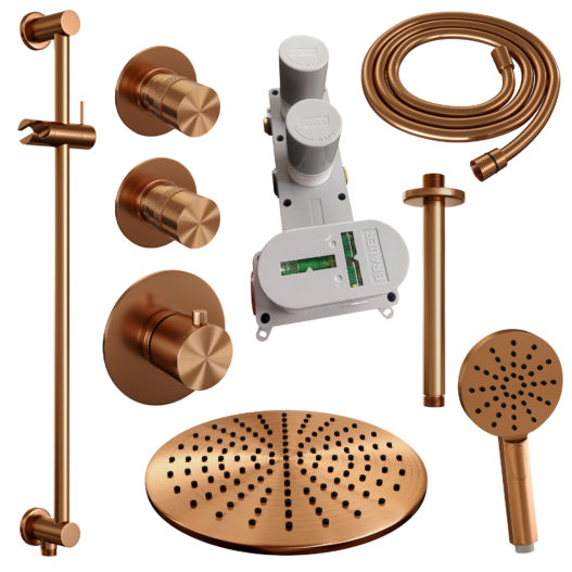 BRAUER Copper Edition thermostatische inbouw regendouche SET 24 met 30 cm douchekop en plafondarm en 3-standen handdouche en doucheslang en geïntegreerde glijstang koper geborsteld PVD