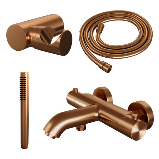 BRAUER Copper Edition opbouw baddouche thermostaatkraan SET 03 met wandhouder en staaf handdouche en doucheslang koper geborsteld PVD