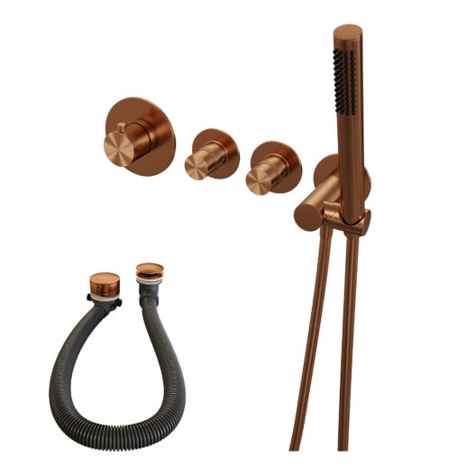 BRAUER Copper Edition thermostatische inbouw badkraan SET 01 met badvulcombinatie en staaf handdouche en doucheslang en wandaansluitbocht koper geborsteld PVD