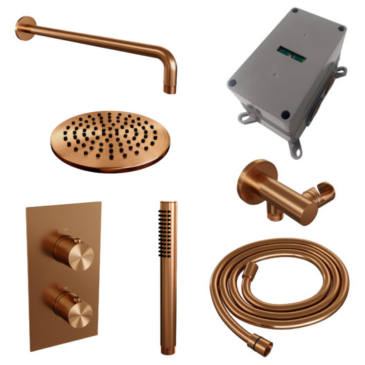 BRAUER Copper Edition thermostatische inbouw regendouche 3-weg omstelling SET 27 met 20 cm douchekop en gebogen muurarm en staaf handdouche en doucheslang en wandaansluitbocht koper geborsteld PVD